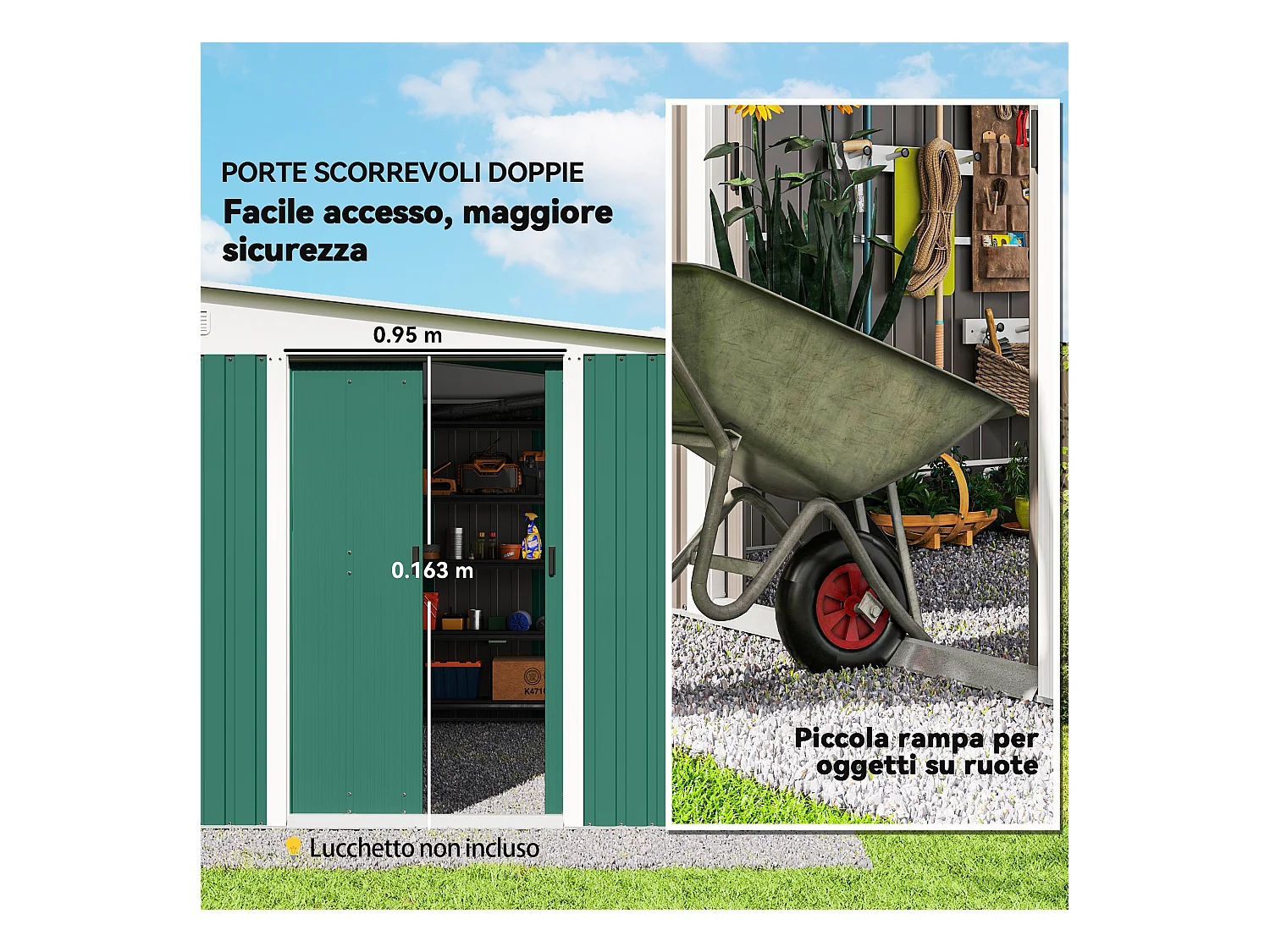 Casetta da giardino con porta scorrevole in acciaio verde