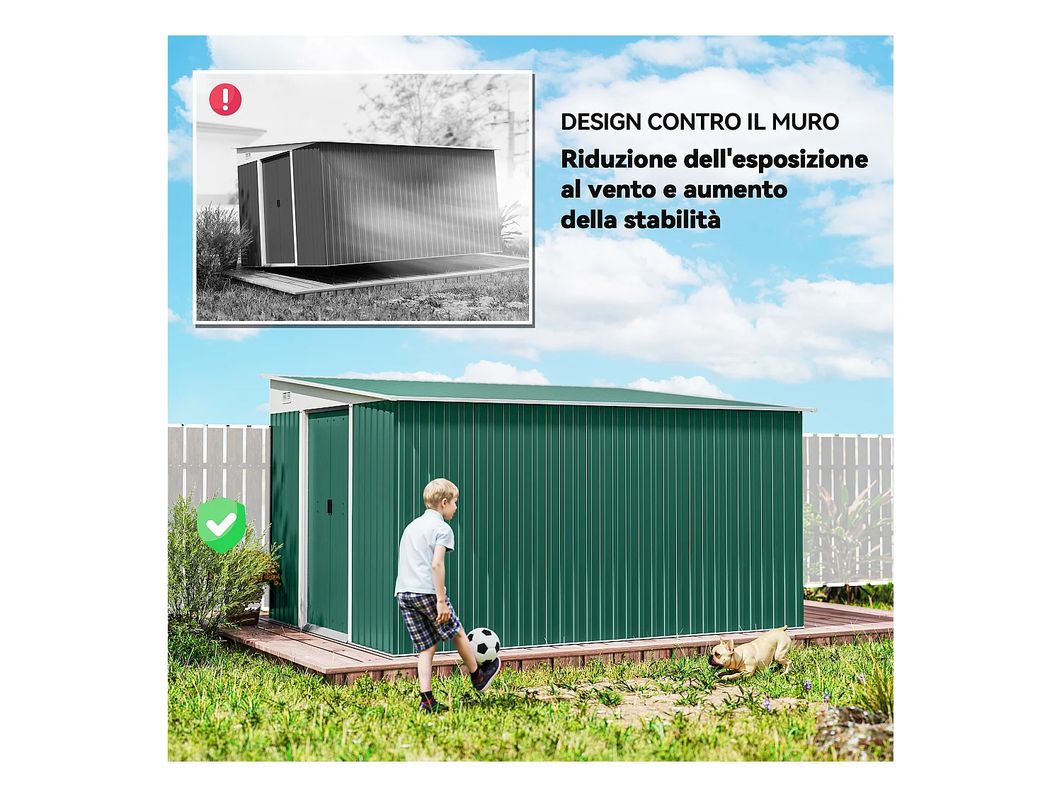 Casetta da giardino con porta scorrevole in acciaio verde