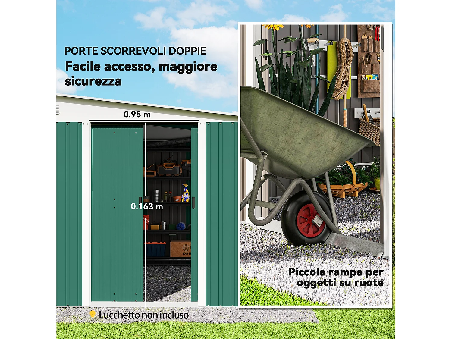 Casetta da giardino con porta scorrevole in acciaio verde