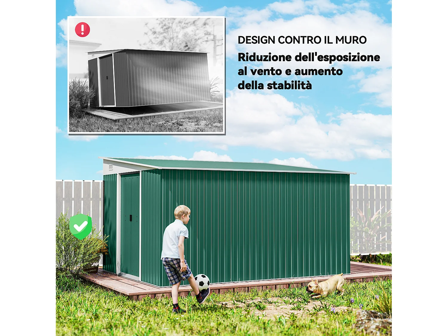 Casetta da giardino con porta scorrevole in acciaio verde