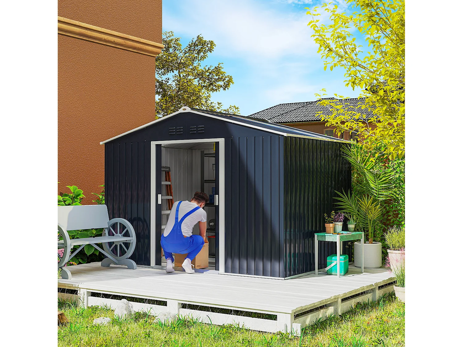 Casetta porta attrezzi in acciaio con tetto inclinato e 2 porte grigio