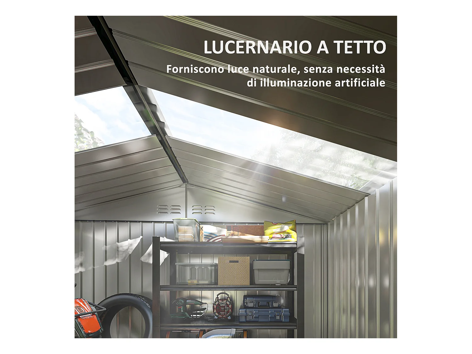 Casetta porta attrezzi in acciaio con tetto inclinato e 2 porte grigio