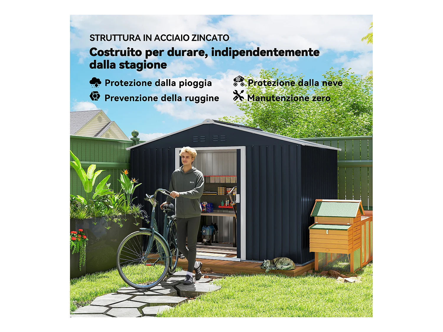 Casetta porta attrezzi in acciaio con tetto inclinato e 2 porte grigio