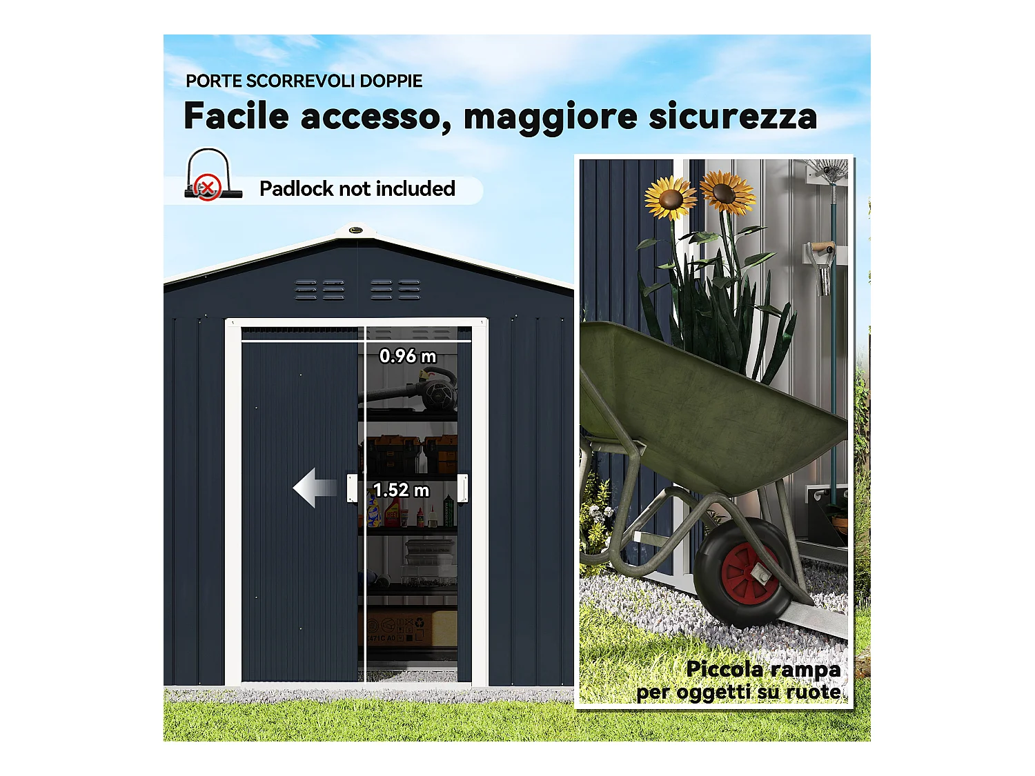 Casetta porta attrezzi in acciaio con tetto inclinato e 2 porte grigio