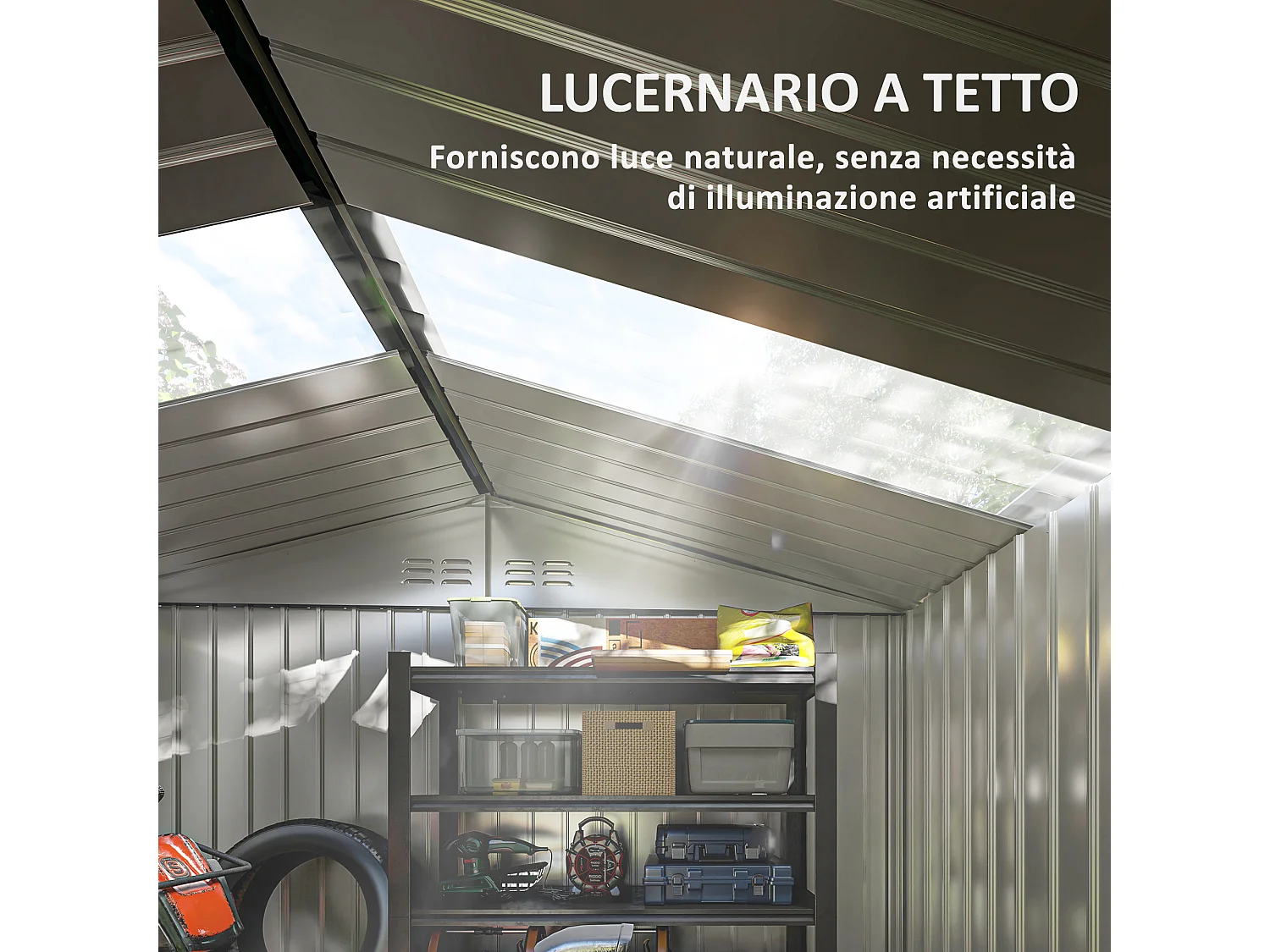 Casetta porta attrezzi in acciaio con tetto inclinato e 2 porte grigio