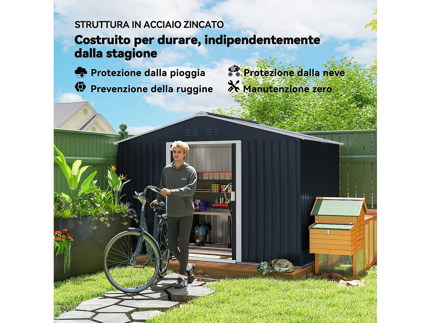 Casetta porta attrezzi in acciaio con tetto inclinato e 2 porte grigio