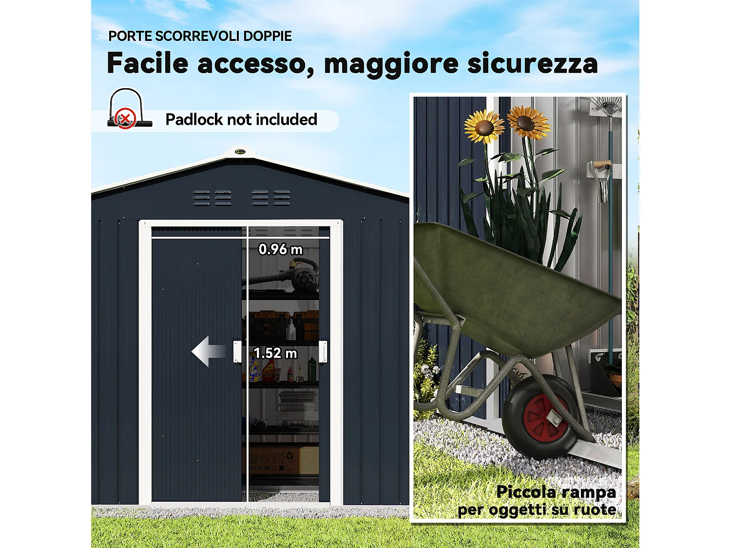 Casetta porta attrezzi in acciaio con tetto inclinato e 2 porte grigio