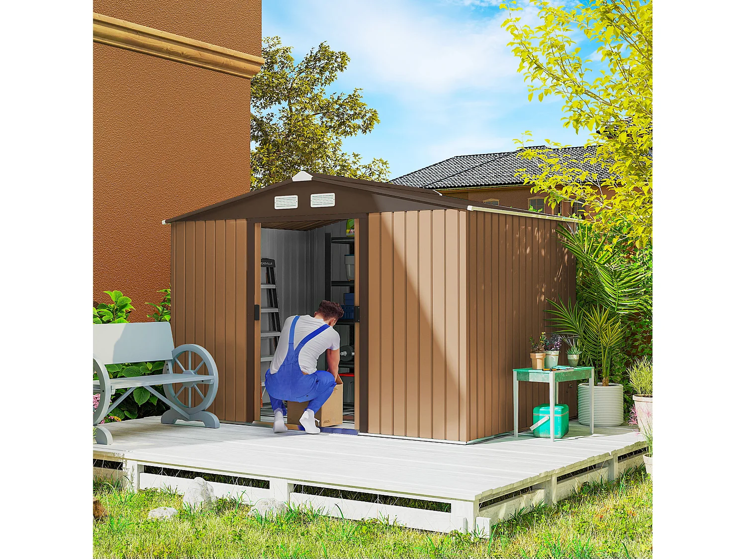 Capanno attrezzi in acciaio con porte scorrevoli 277x195x192 cm giallo