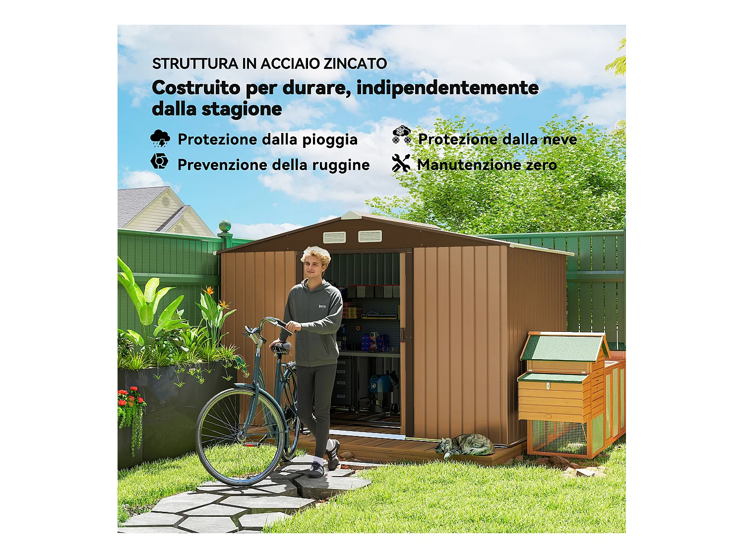 Capanno attrezzi in acciaio con porte scorrevoli 277x195x192 cm giallo