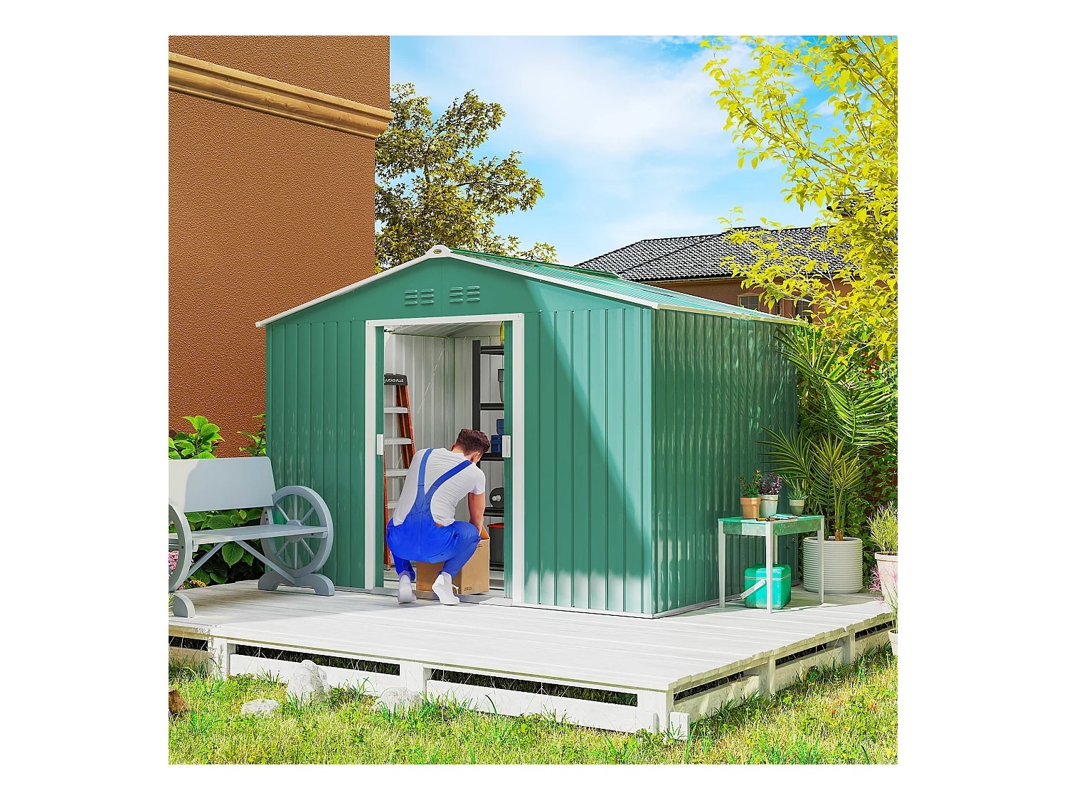 Casetta porta attrezzi in acciaio con tetto inclinato e 2 porte verde