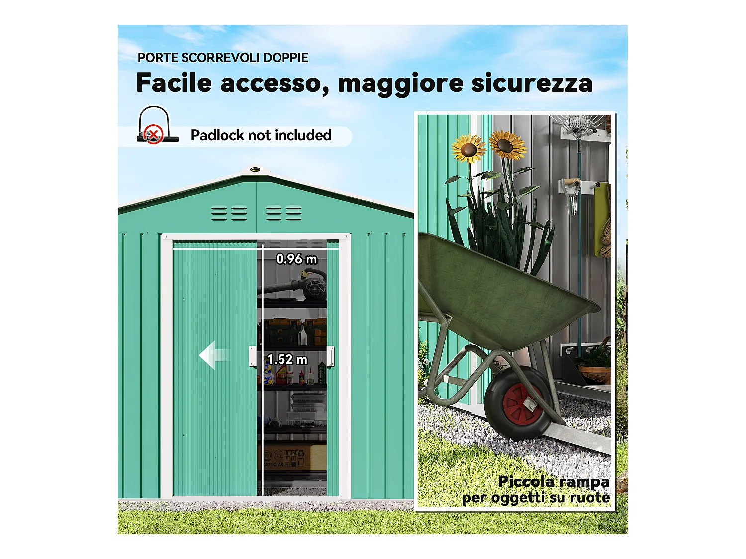 Casetta porta attrezzi in acciaio con tetto inclinato e 2 porte verde