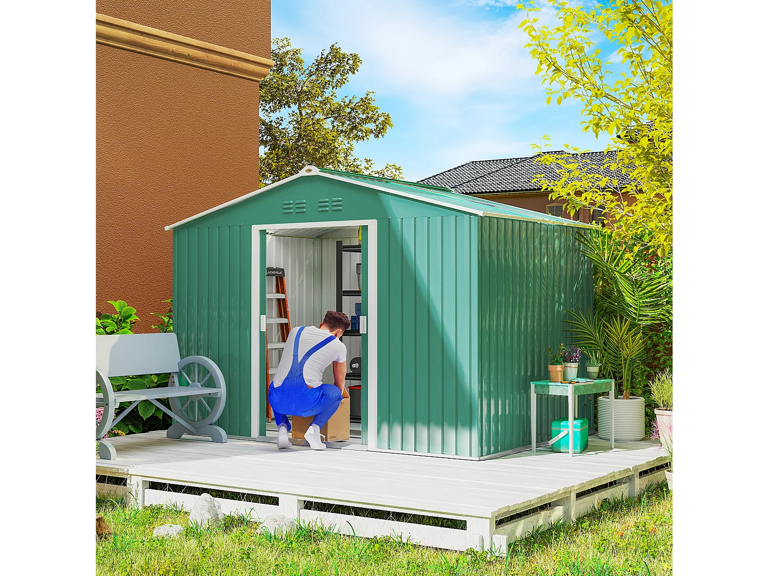 Casetta porta attrezzi in acciaio con tetto inclinato e 2 porte verde