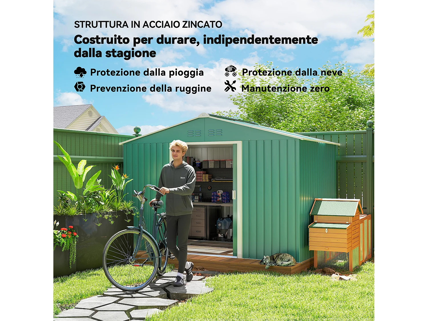 Casetta porta attrezzi in acciaio con tetto inclinato e 2 porte verde