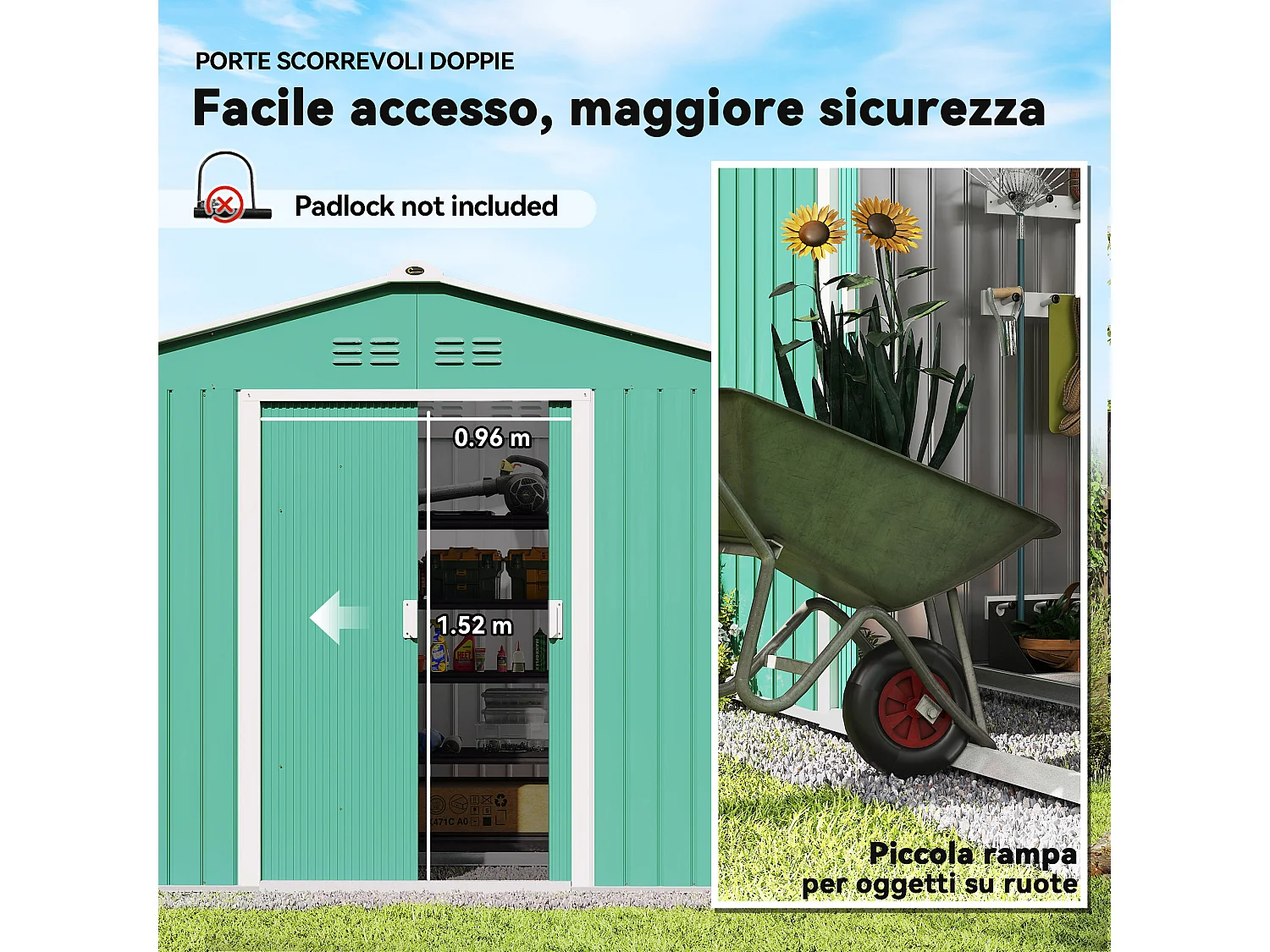 Casetta porta attrezzi in acciaio con tetto inclinato e 2 porte verde