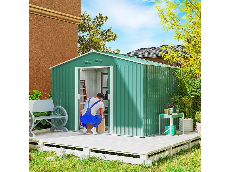 Casetta porta attrezzi in acciaio con tetto inclinato e 2 porte verde