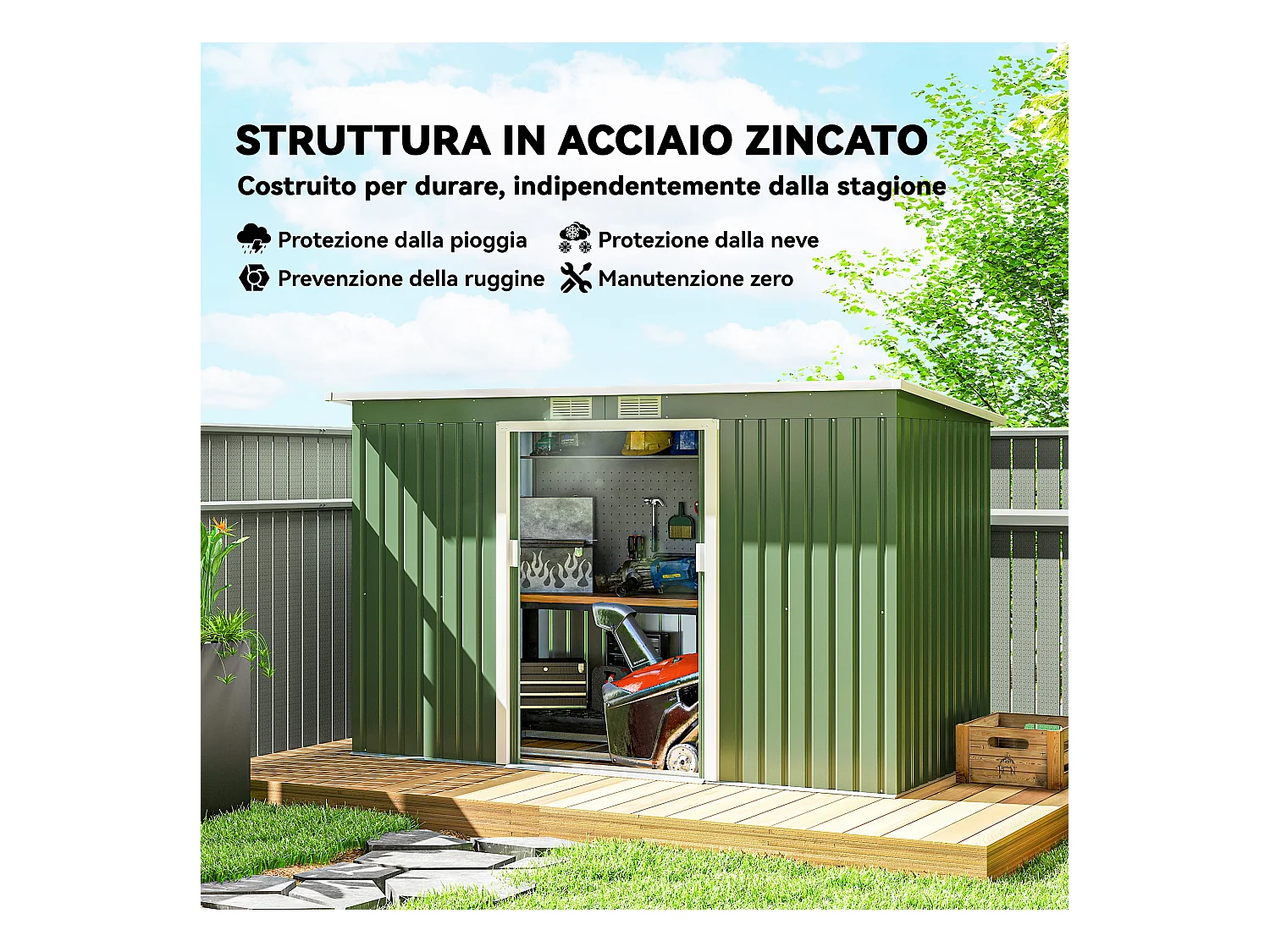 Casetta da giardino in lamiera d'acciaio con porte scorrevoli