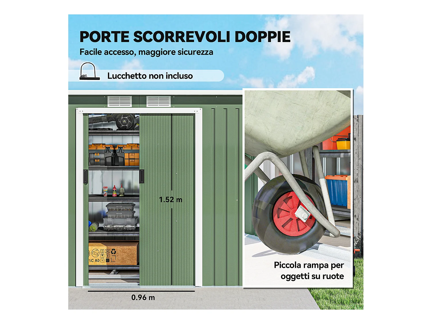 Casetta da giardino in lamiera d'acciaio con porte scorrevoli