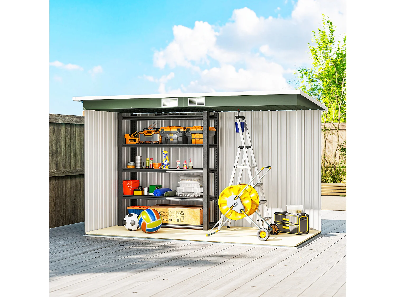 Casetta da giardino in lamiera d'acciaio con porte scorrevoli