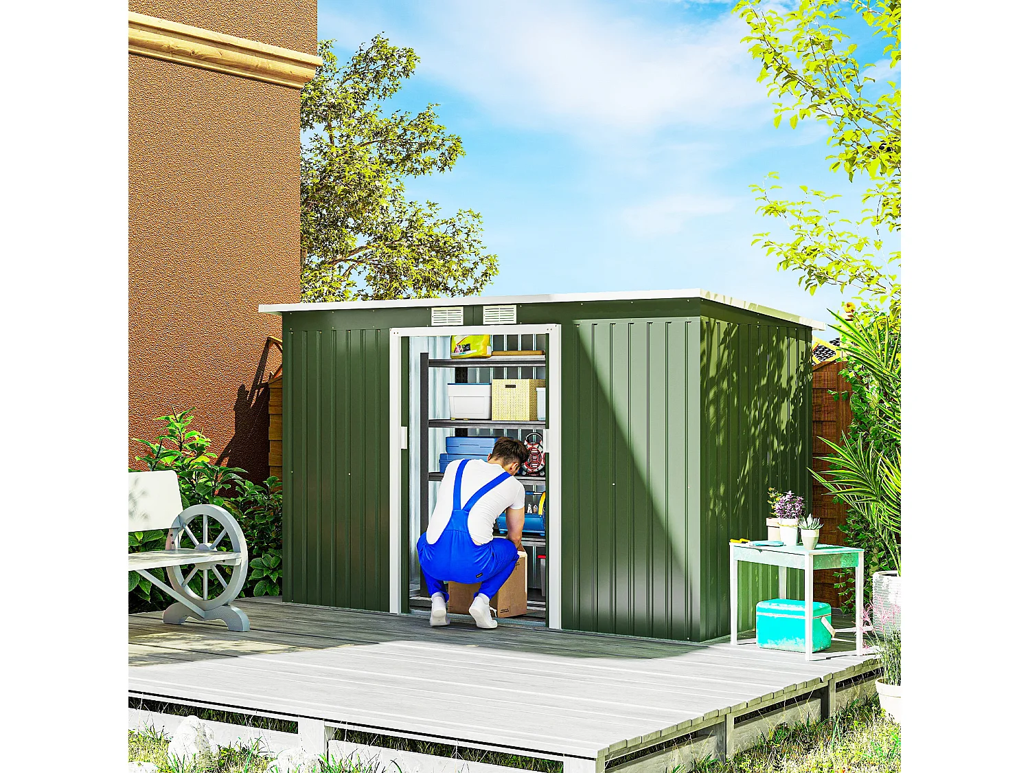 Casetta da giardino in lamiera d'acciaio con porte scorrevoli