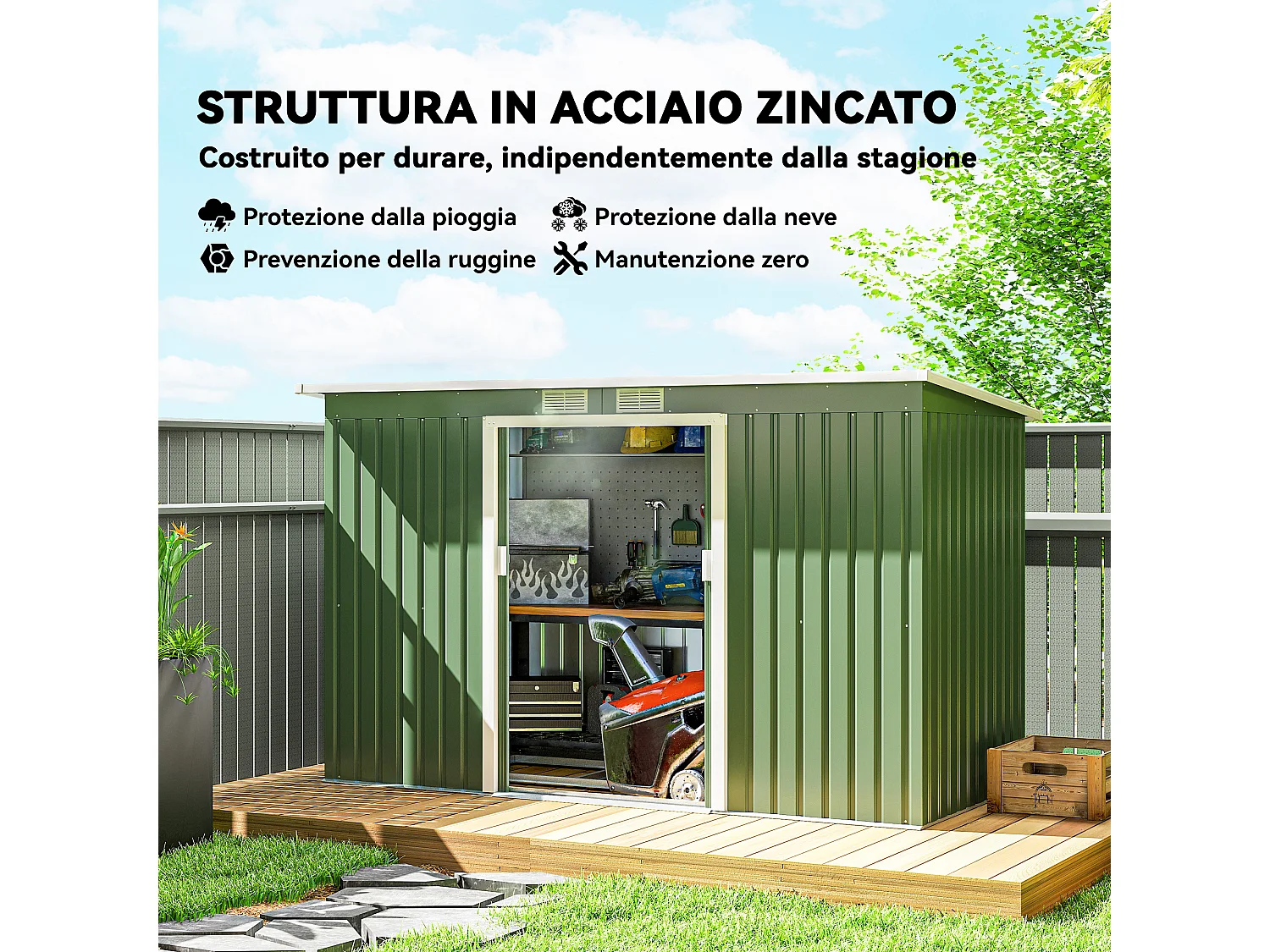 Casetta da giardino in lamiera d'acciaio con porte scorrevoli