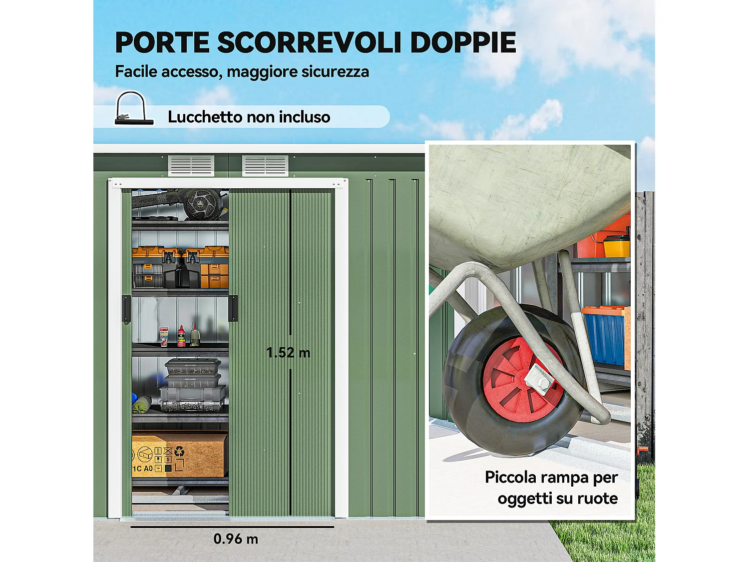 Casetta da giardino in lamiera d'acciaio con porte scorrevoli