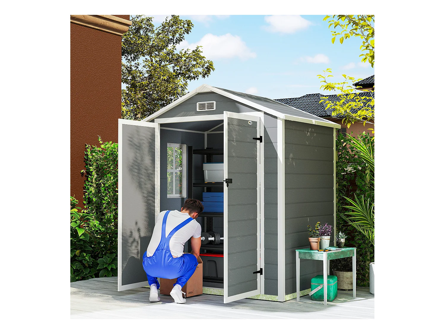 Casetta da giardino con finestra e doppia porta in alluminio pp grigio