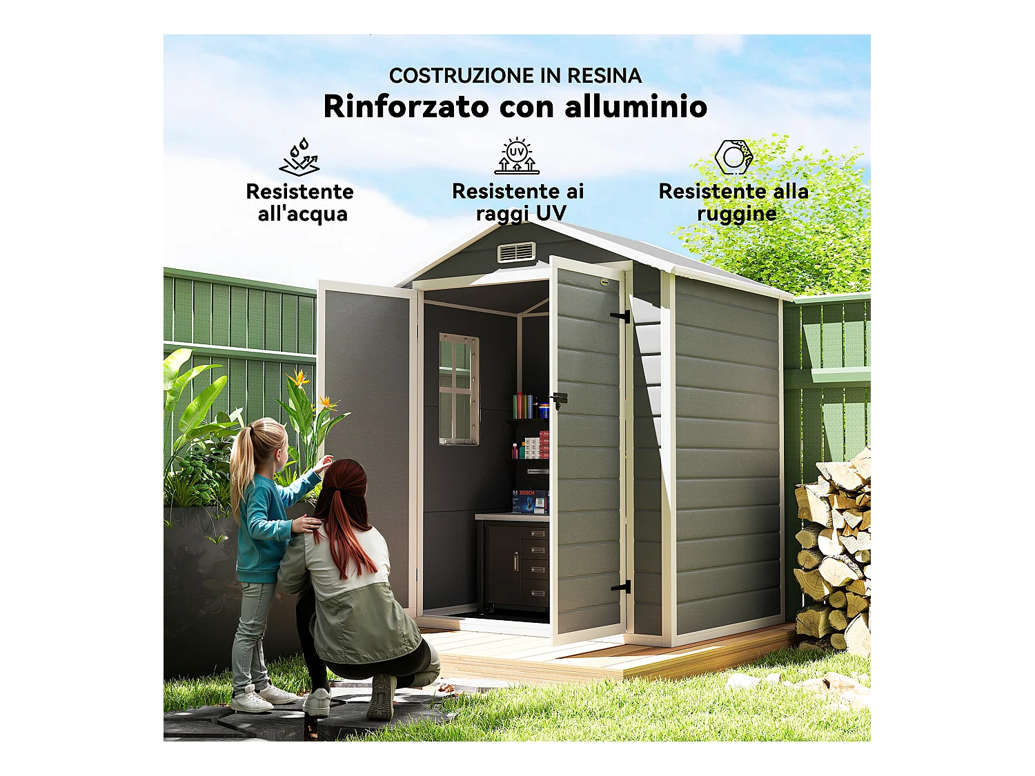 Casetta da giardino con finestra e doppia porta in alluminio pp grigio