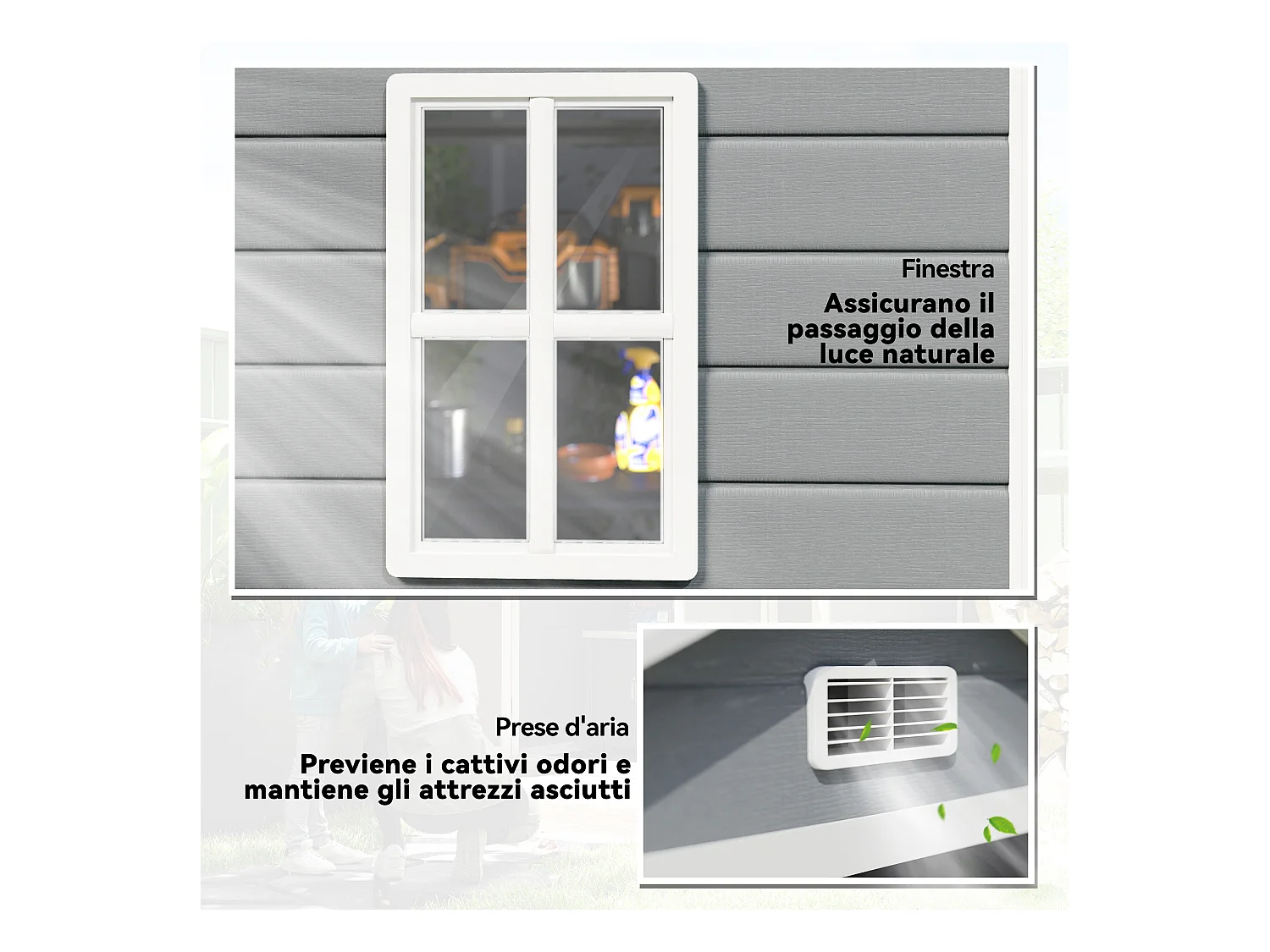 Casetta da giardino con finestra e doppia porta in alluminio pp grigio