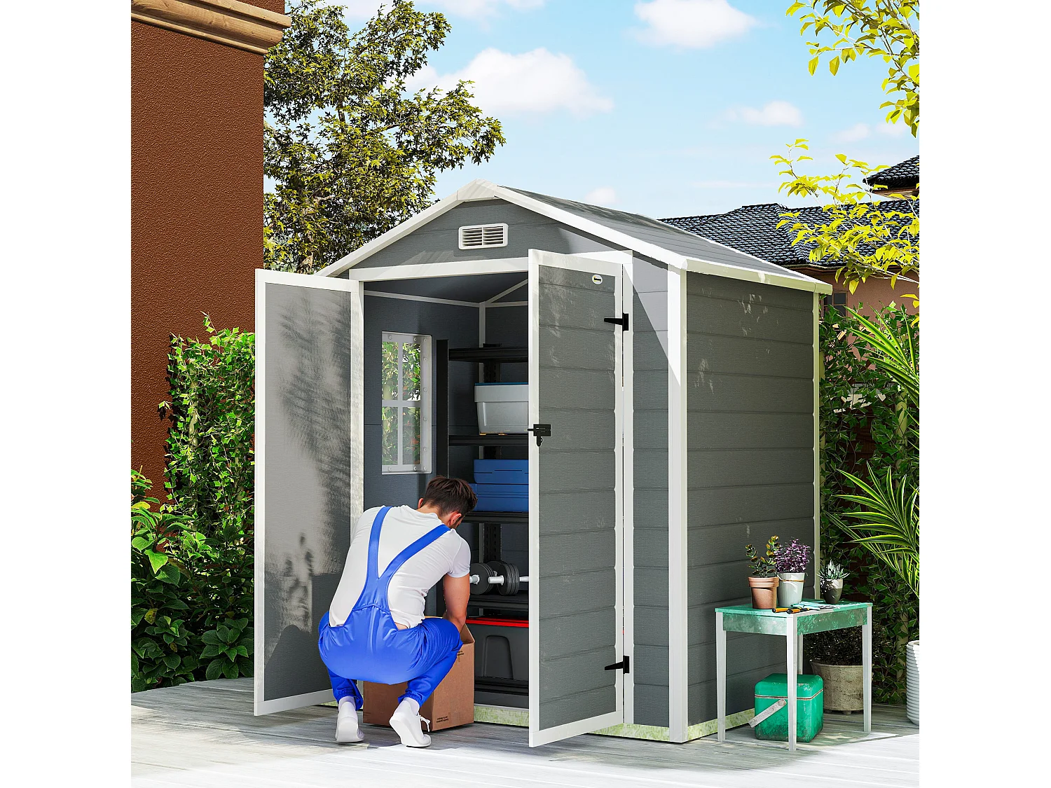 Casetta da giardino con finestra e doppia porta in alluminio pp grigio