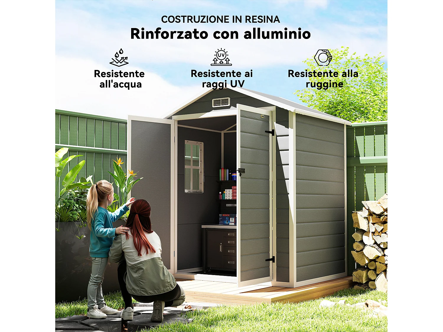 Casetta da giardino con finestra e doppia porta in alluminio pp grigio