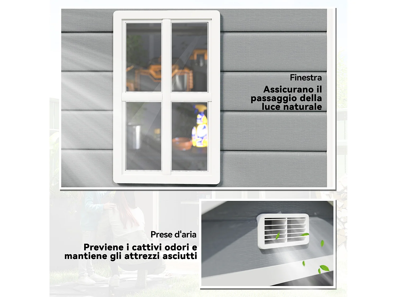 Casetta da giardino con finestra e doppia porta in alluminio pp grigio