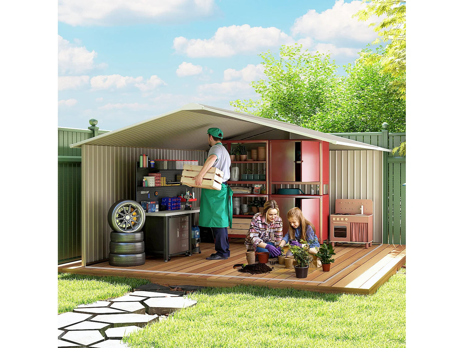 Capanno attrezzi in acciaio porte scorrevoli 340x386x200cm