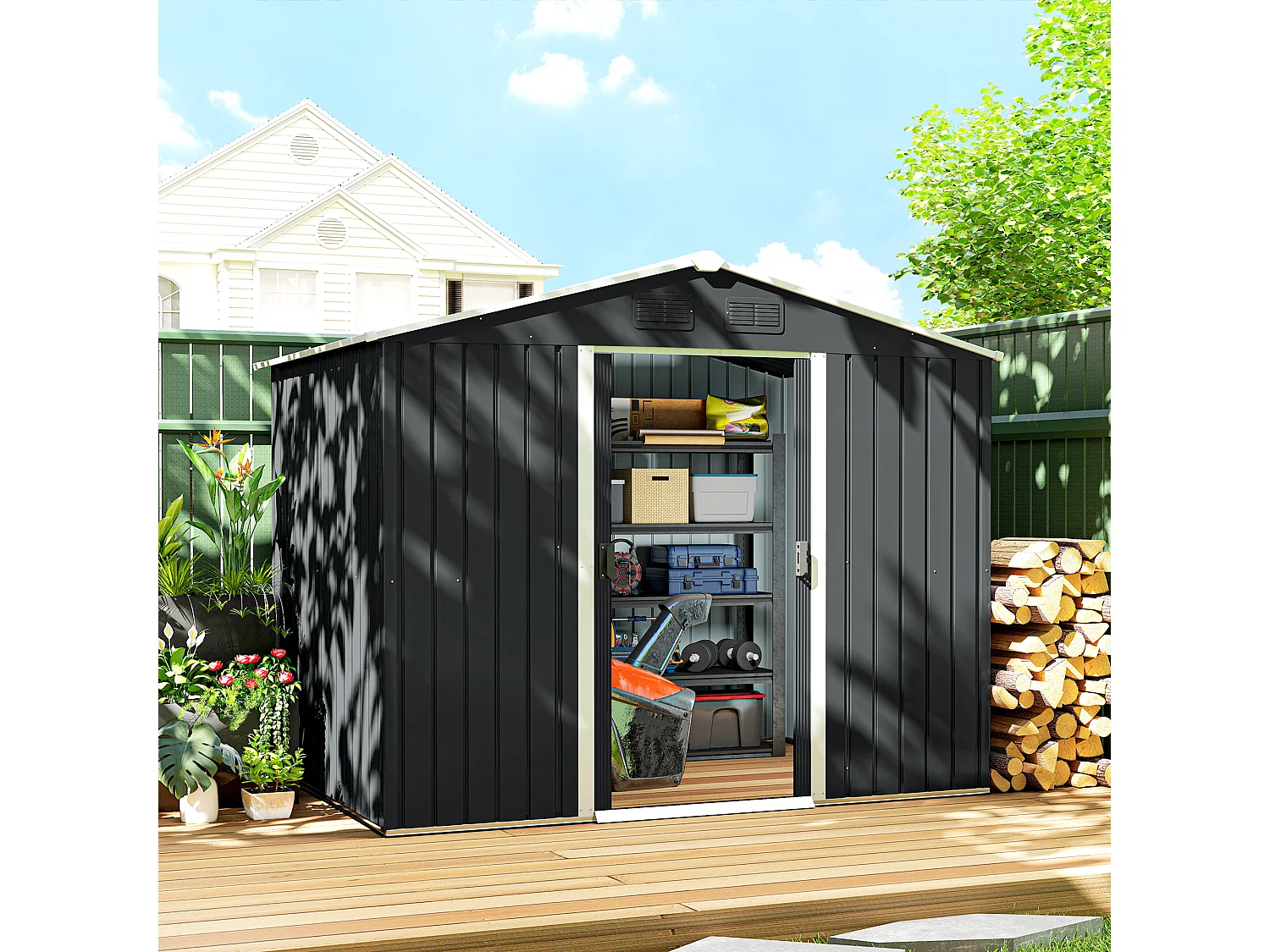 Capanno porta attrezzi a 2 porte scorrevoli con griglie in acciaio