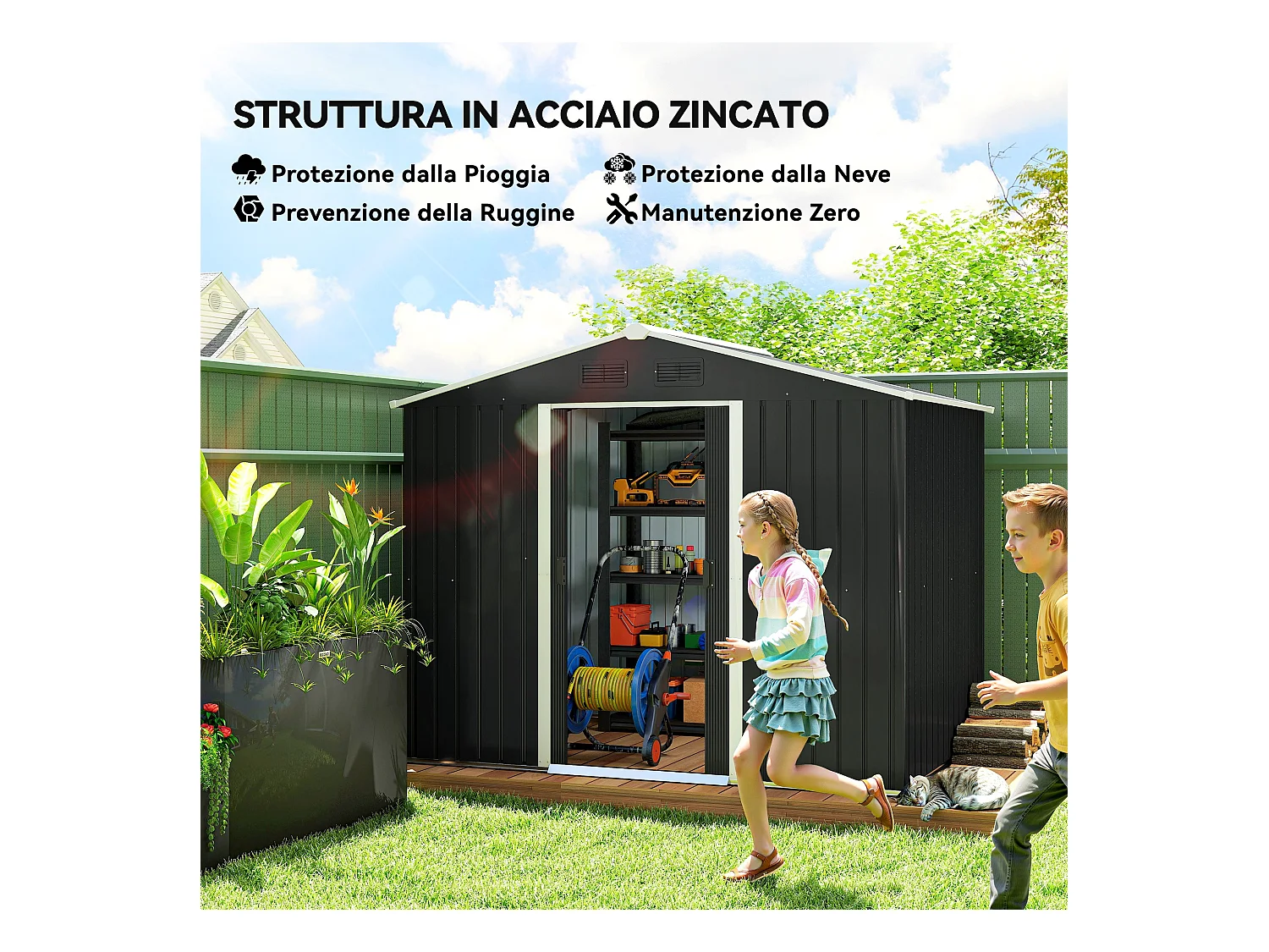 Capanno porta attrezzi a 2 porte scorrevoli con griglie in acciaio