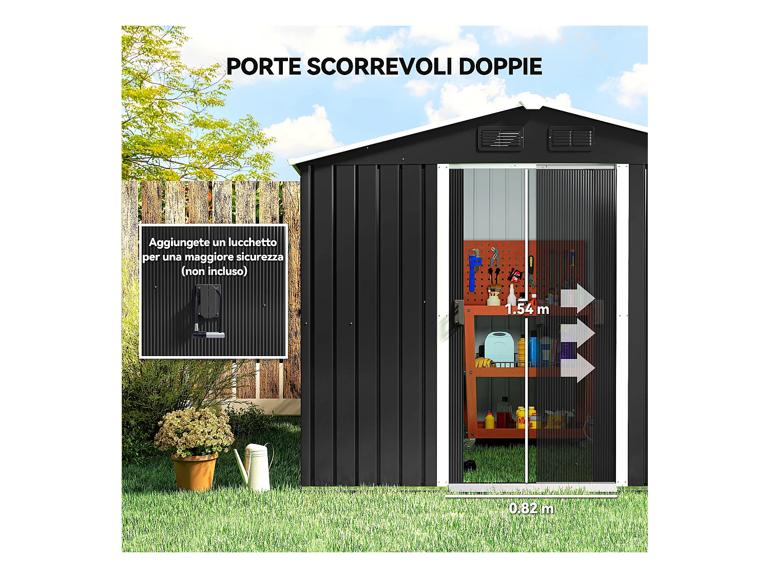 Capanno porta attrezzi a 2 porte scorrevoli con griglie in acciaio