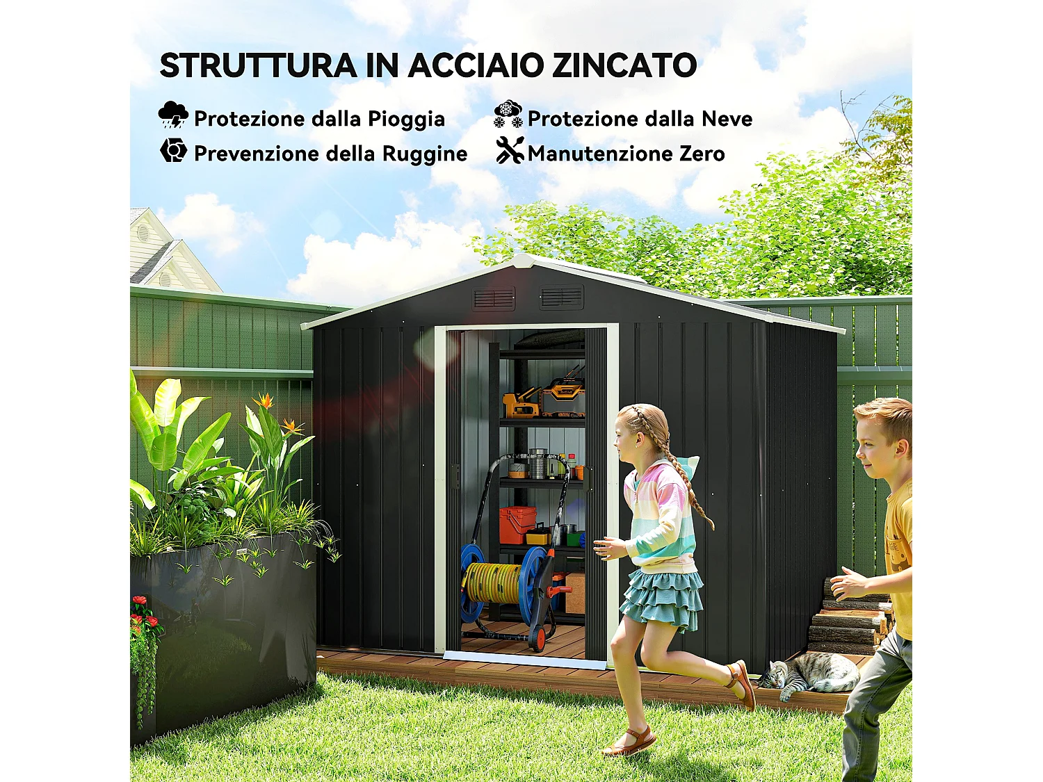 Capanno porta attrezzi a 2 porte scorrevoli con griglie in acciaio