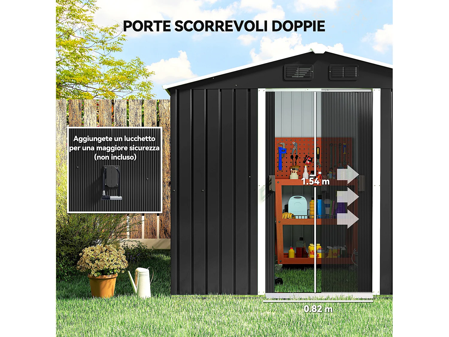 Capanno porta attrezzi a 2 porte scorrevoli con griglie in acciaio