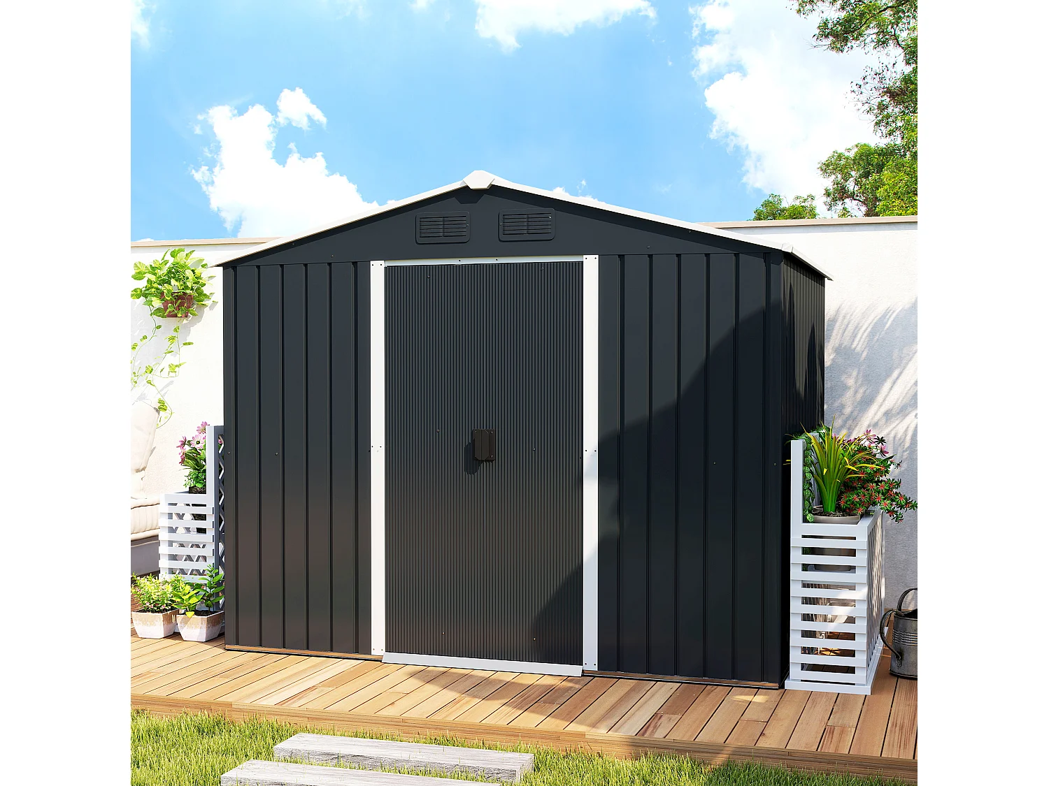 Capanno porta attrezzi a 2 porte scorrevoli con griglie in acciaio