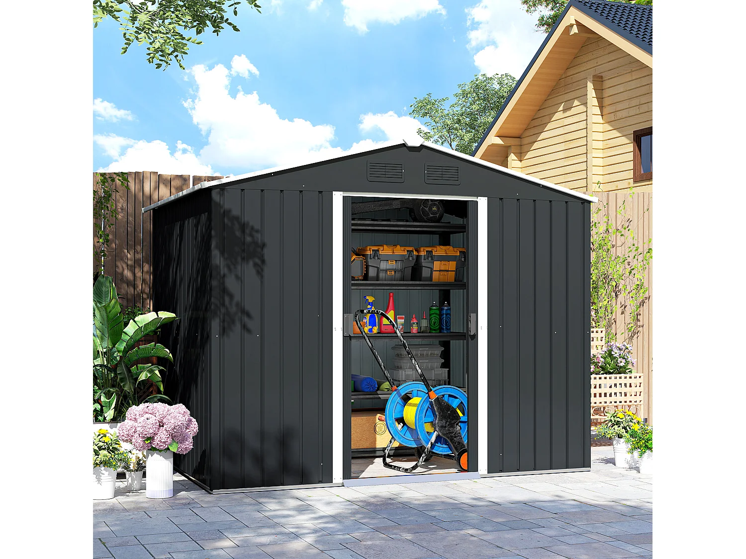 Capanno porta attrezzi a 2 porte scorrevoli con griglie in acciaio