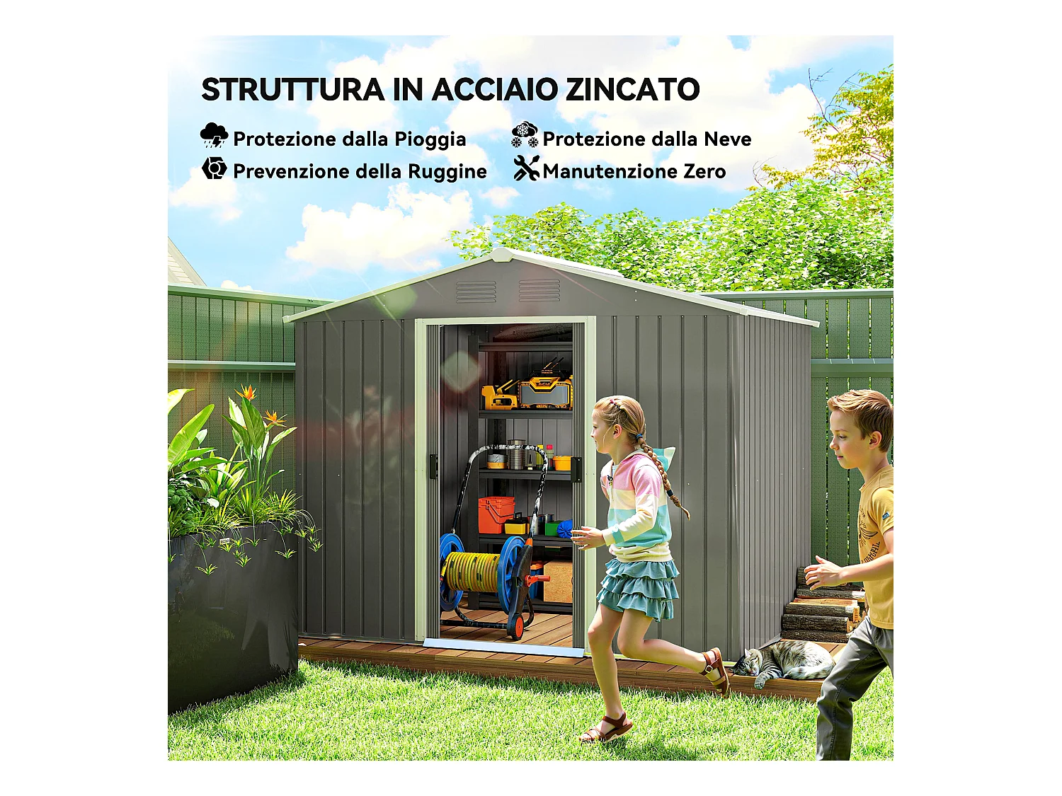 Casetta da giardino con doppia porta e 4 prese d'aria grigio