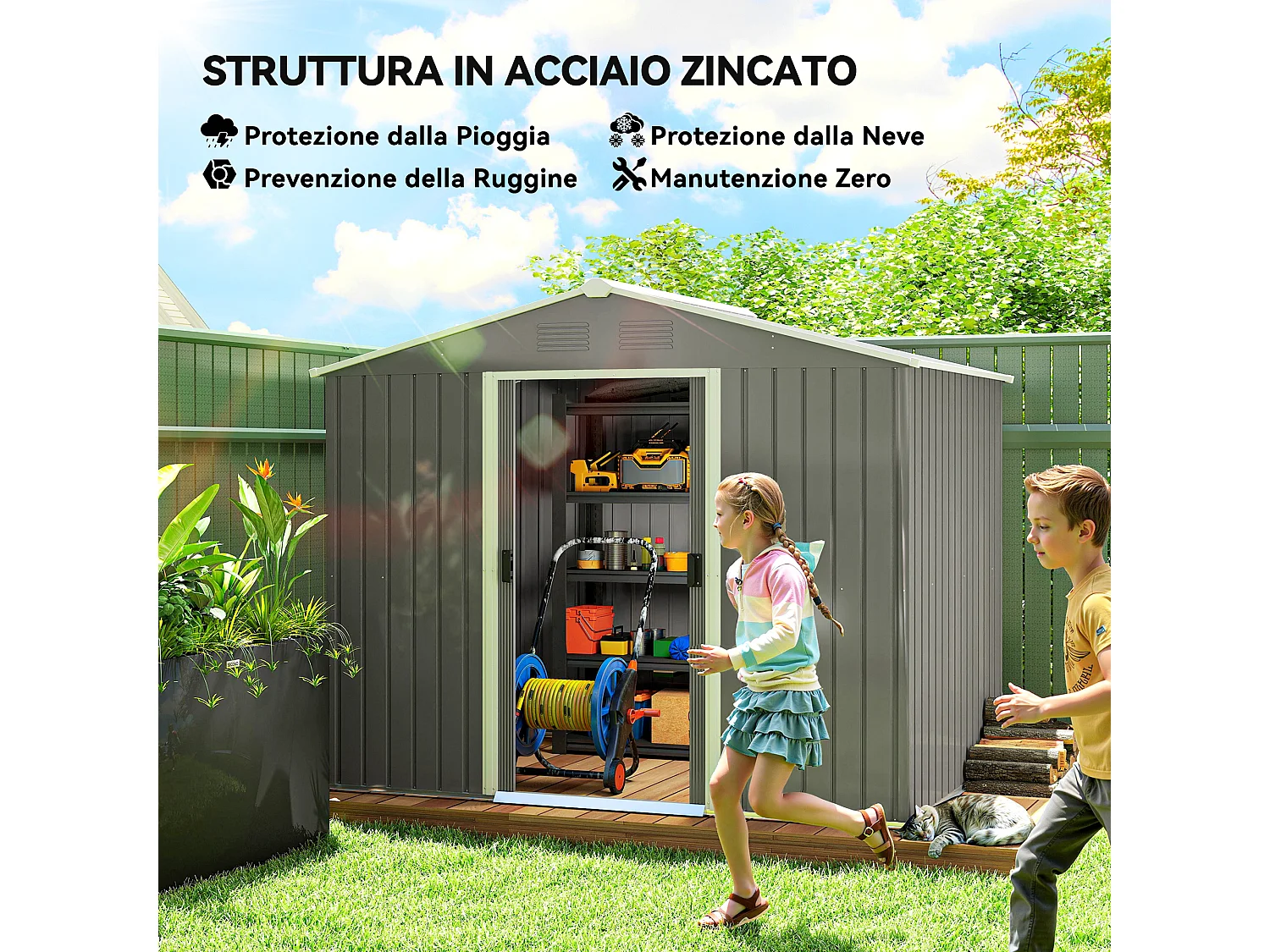 Casetta da giardino con doppia porta e 4 prese d'aria grigio