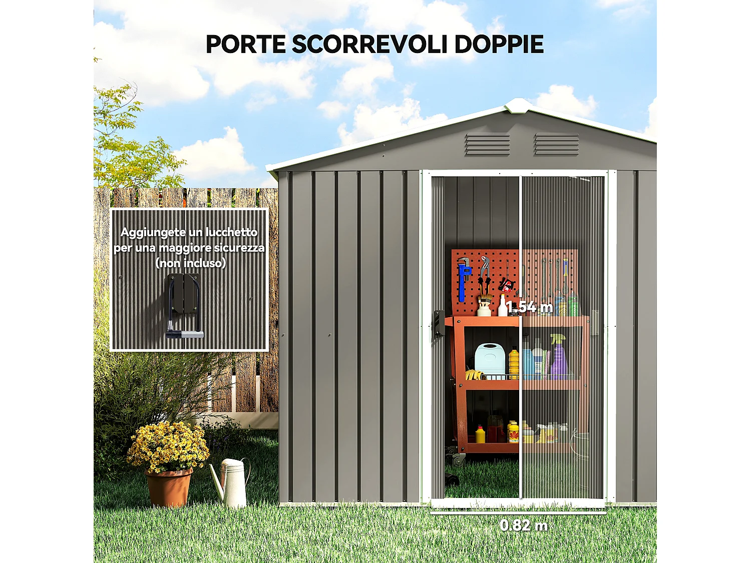 Casetta da giardino con doppia porta e 4 prese d'aria grigio