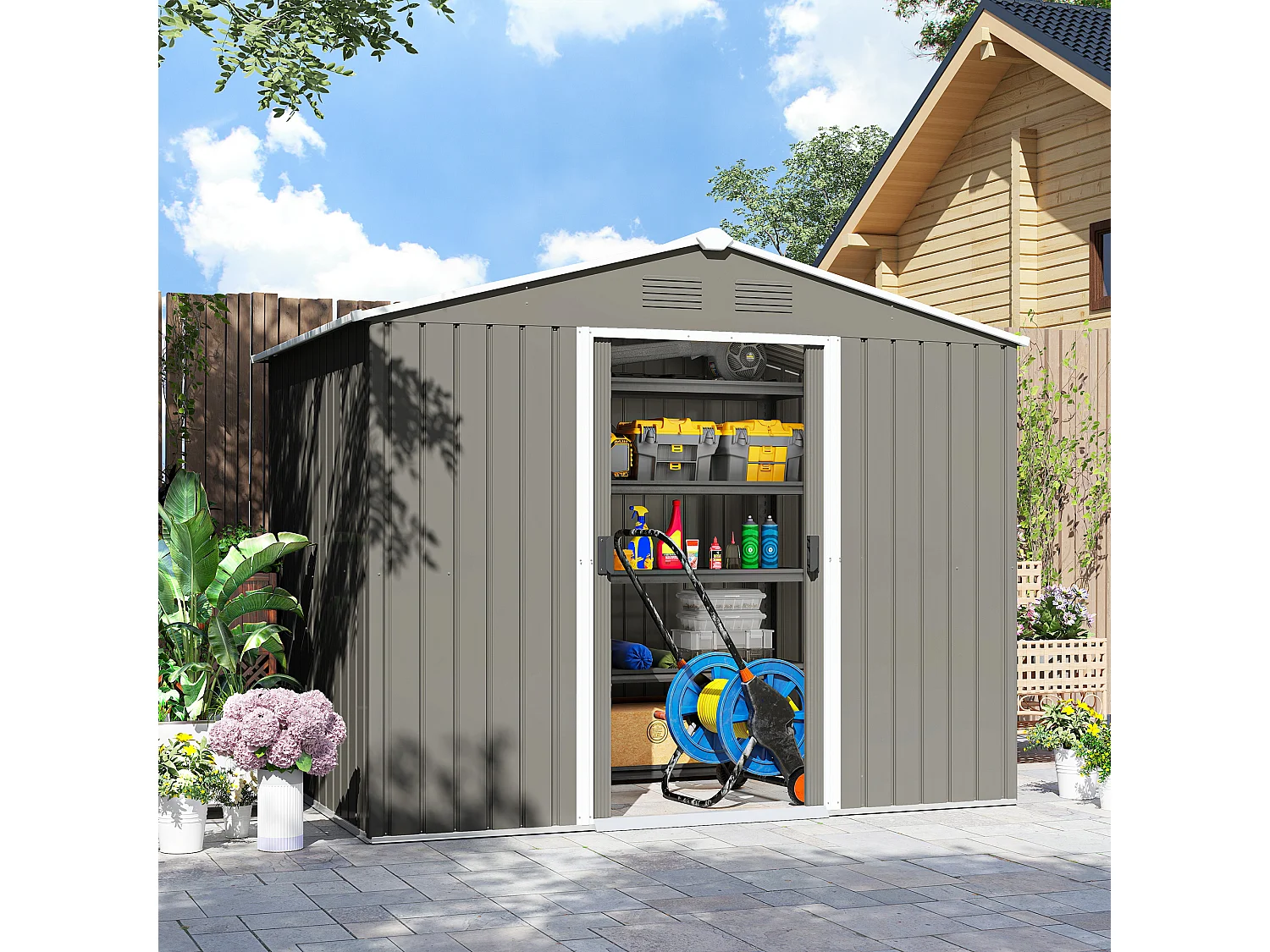 Casetta da giardino con doppia porta e 4 prese d'aria grigio