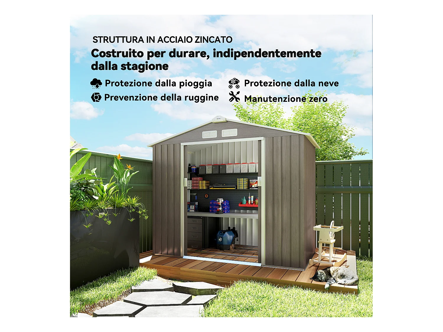 Casetta da giardino con doppia porta scorrevole in metallo marrone