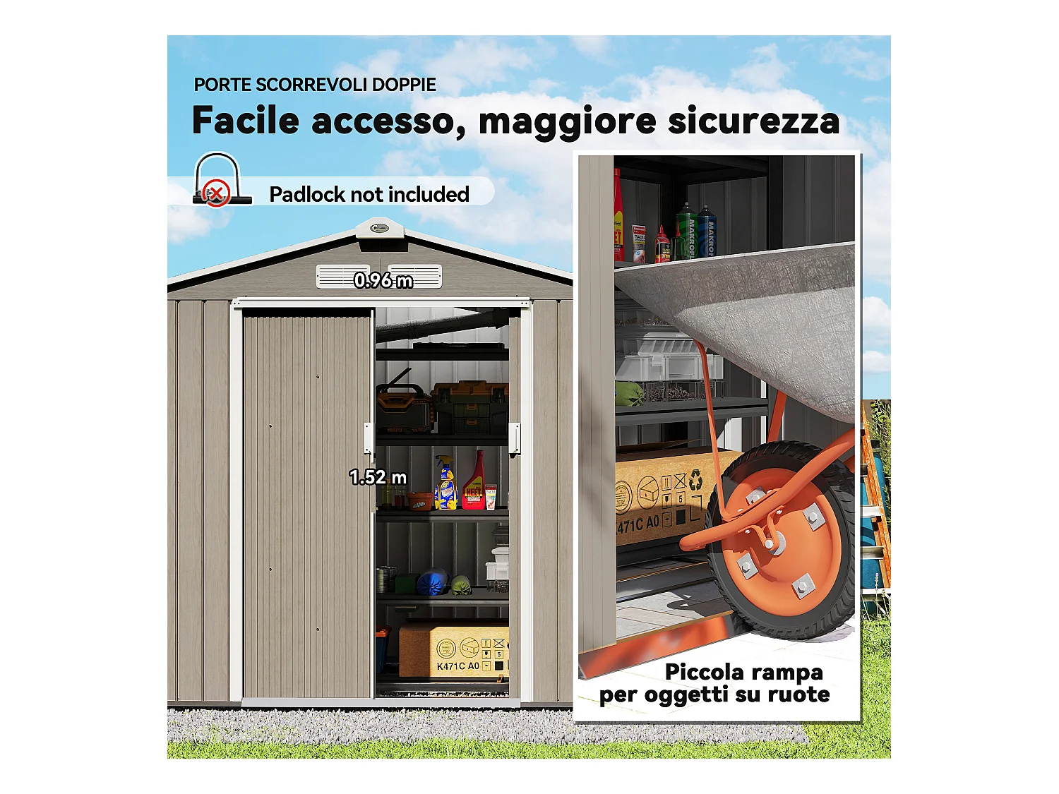 Casetta da giardino con doppia porta scorrevole in metallo marrone