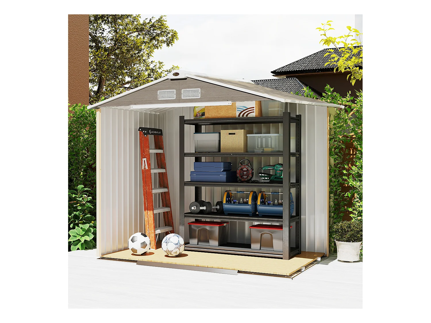 Casetta da giardino con doppia porta scorrevole in metallo marrone