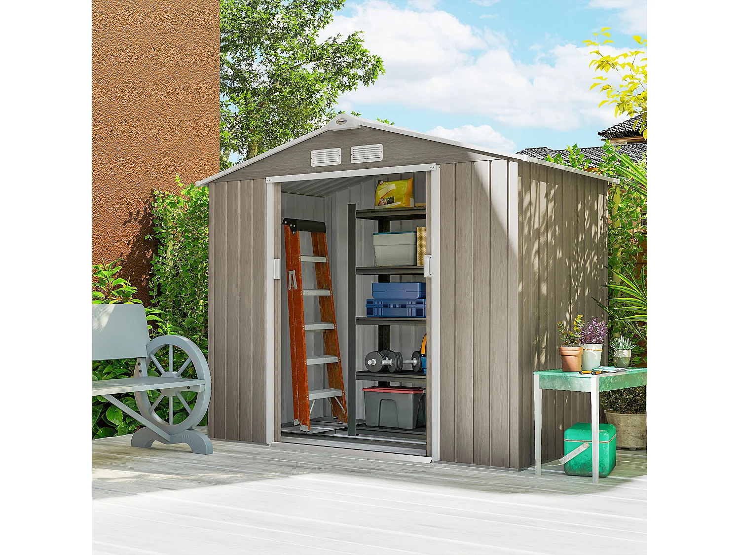 Casetta da giardino con doppia porta scorrevole in metallo marrone