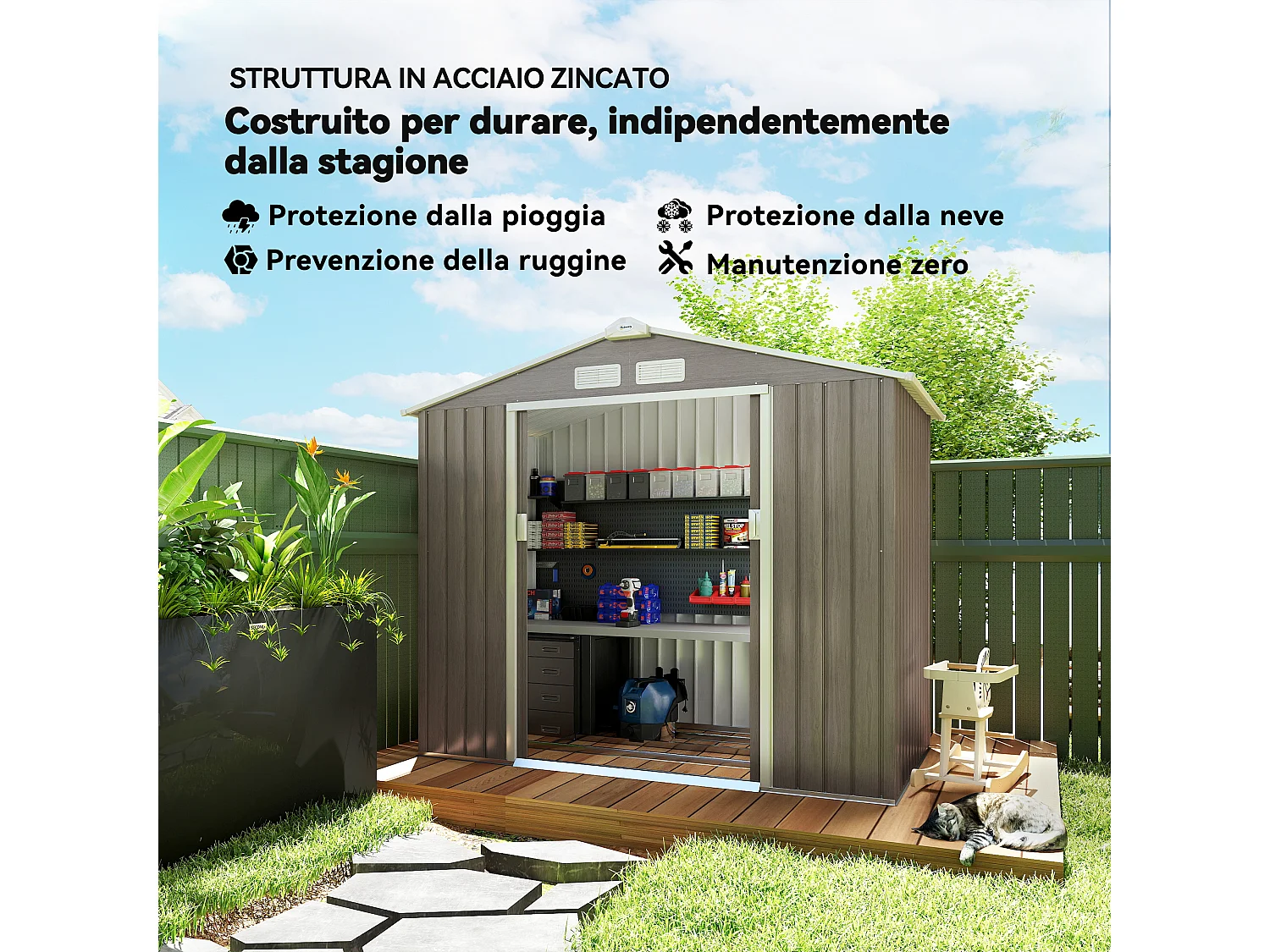 Casetta da giardino con doppia porta scorrevole in metallo marrone
