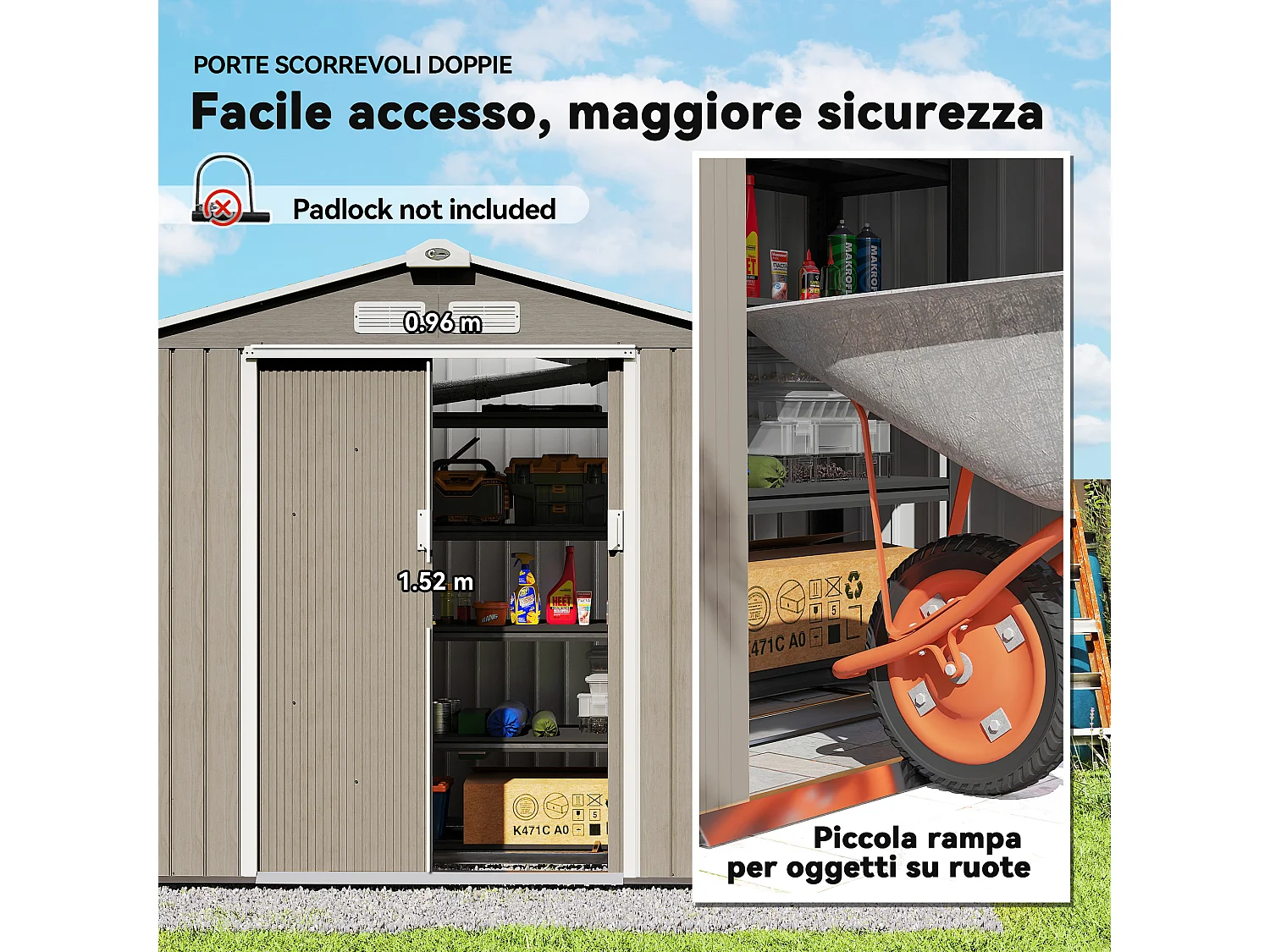 Casetta da giardino con doppia porta scorrevole in metallo marrone