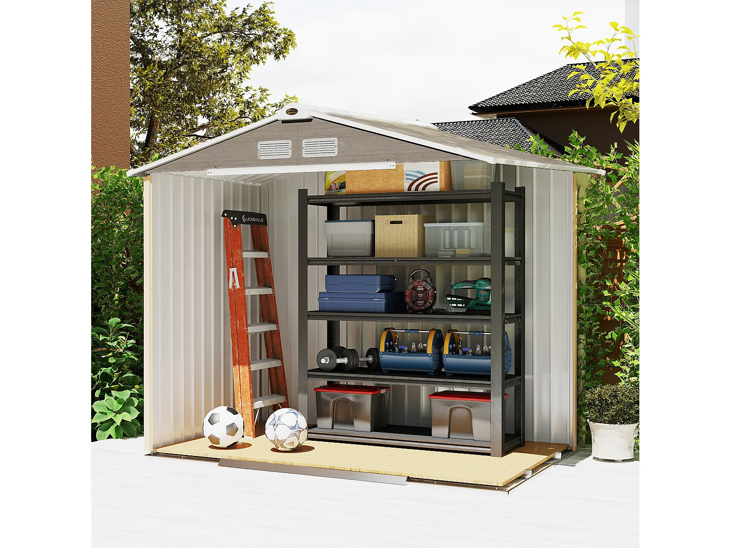 Casetta da giardino con doppia porta scorrevole in metallo marrone